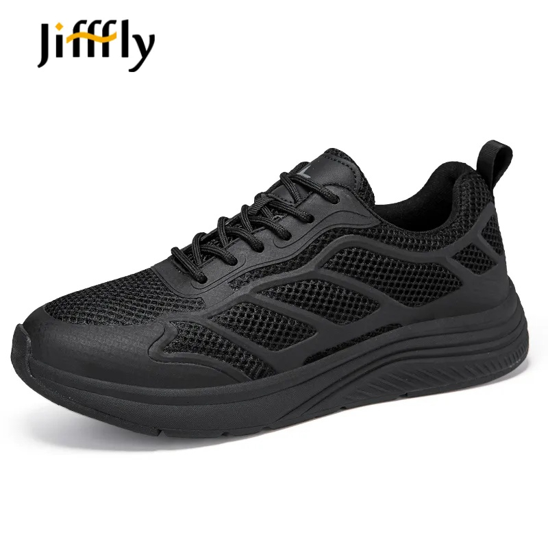 Jifffly Men's Open-Toe Shoes, Waterproof Breathable Mesh Sneakers - Black Patchwork Athletic Casual Footwear with EVA Insole, Rubber Outsole, Lace-U