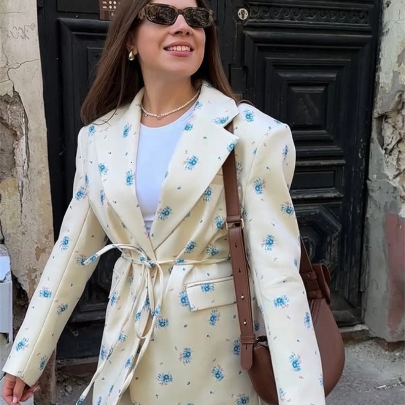Printed Lapel Lace Up Waist Cinching Suit Jacket Women Elegant Shoulder Pad Long Sleeve One Button Blazers Chic Ladies Outerwear 250828