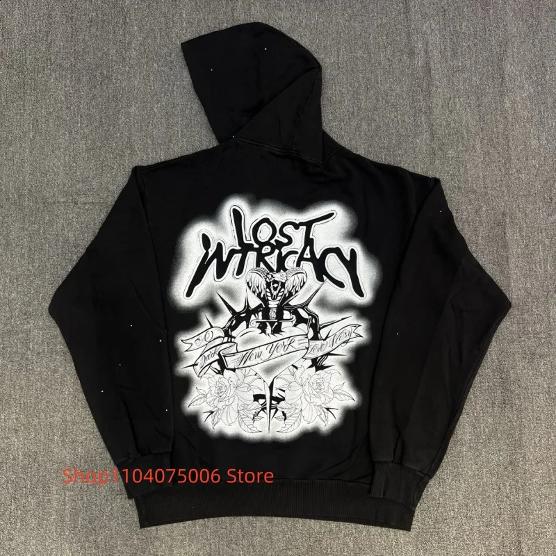 Lost Intricacy Diamond Embellished Hoodie Loose Fit Casual Sweatshirt Black 100% Cotton Soft Breathable Street Style 250828