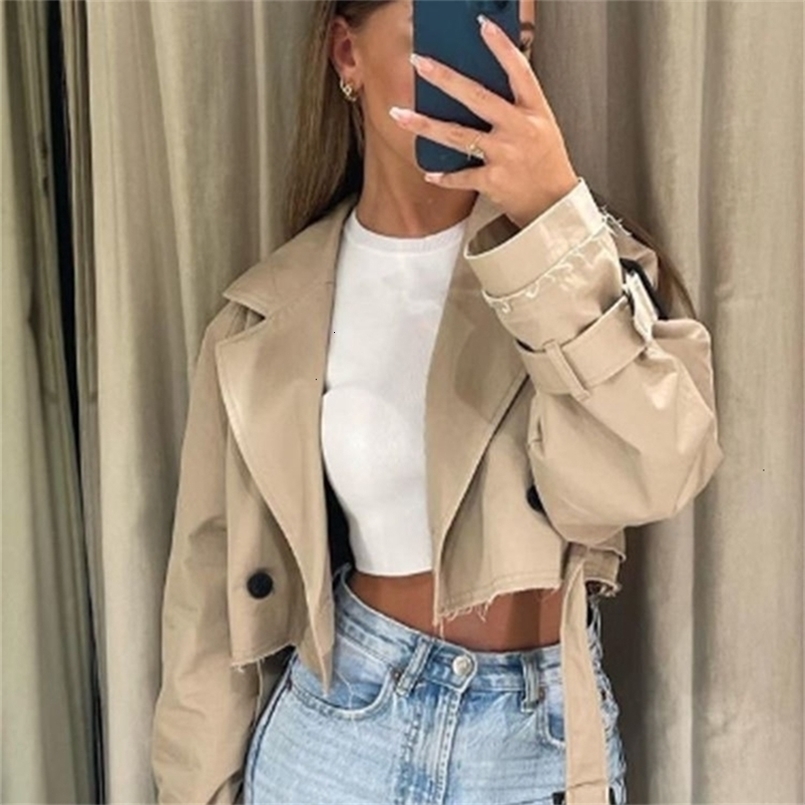 2024 Belt Cropped Trench Spring Jacket Women Vintage Streetwear Double Breasted Long Sleeve Top Female Coat Outfits250828ww
