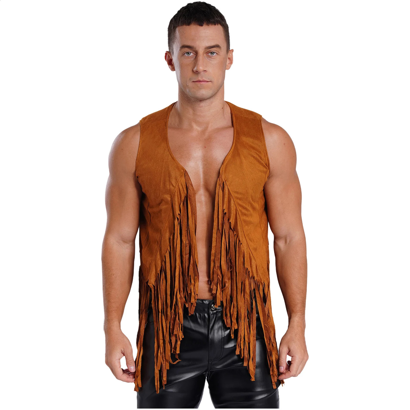 Mens Vintage Gothic Cowboy Vest Leeveless Open Front Fringe Waistcoat Top Hippy Cardigan Jackets Carnival Theme Party Clubwear 250828