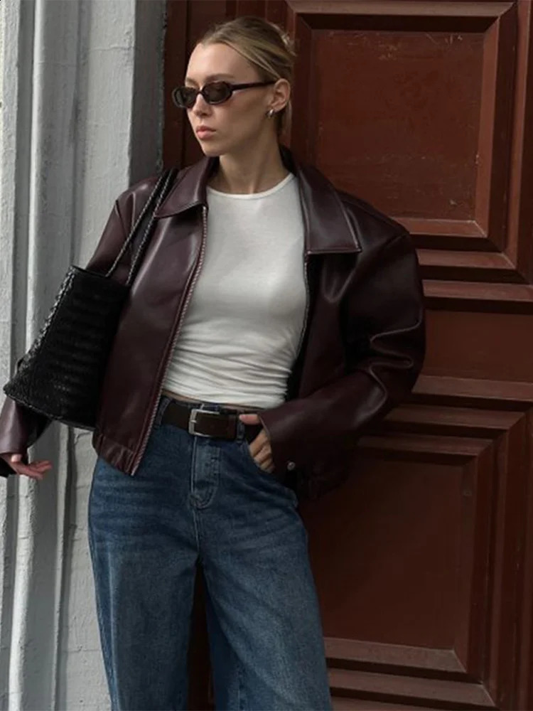 Casual Leather Jackets Women Loose Lapel Zipper Pocket Long Sleeves Pu Coats Female Autumn High Street Soft Outwears Lady 250828