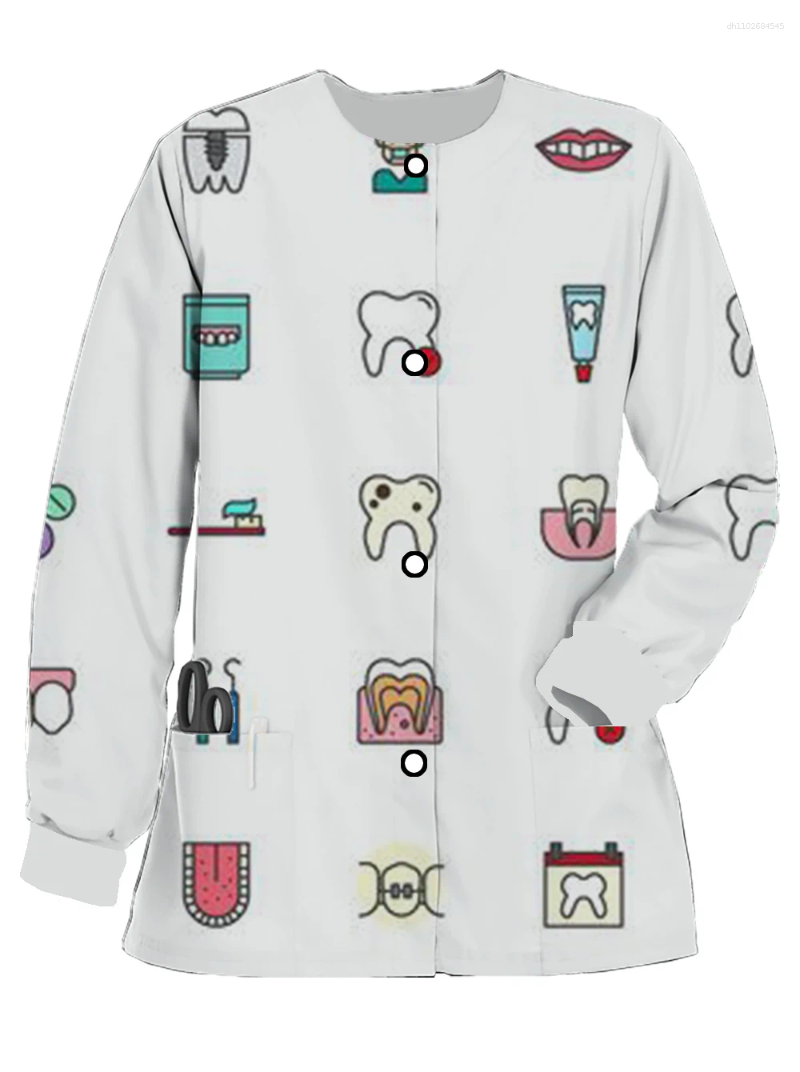 Women's Hoodies Spring And Autumn Cute Teeth Pattern Pocket Uniform Female Scrub Coat Print Round Neck Shirt