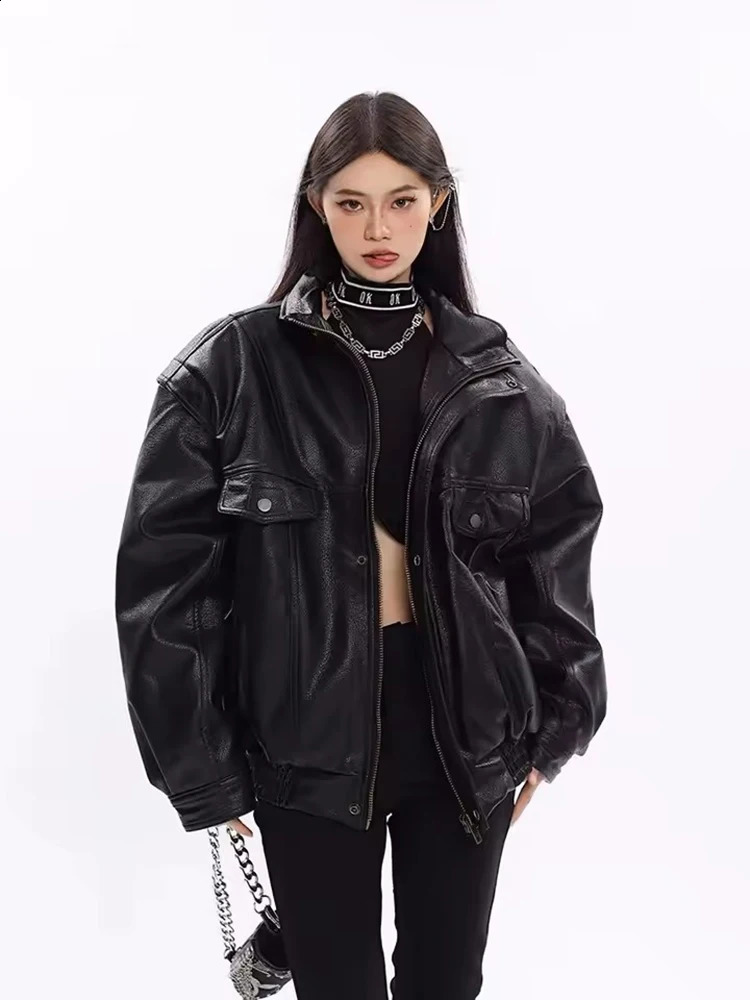 Mauroicardi Spring Autumn Oversized Black Thickened Warm Hard Faux Leather Jacket Women Zip Up American Retro Unisex Clothes 250828