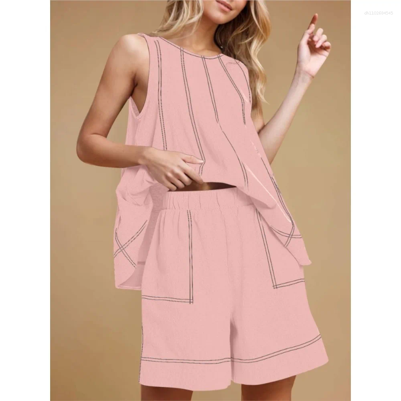 Women's Tracksuits Fashio Cotton Linen Spliced Sleeveless Chic Shorts Set Summer Casual Pocket Loose Sports 2 Piece Female