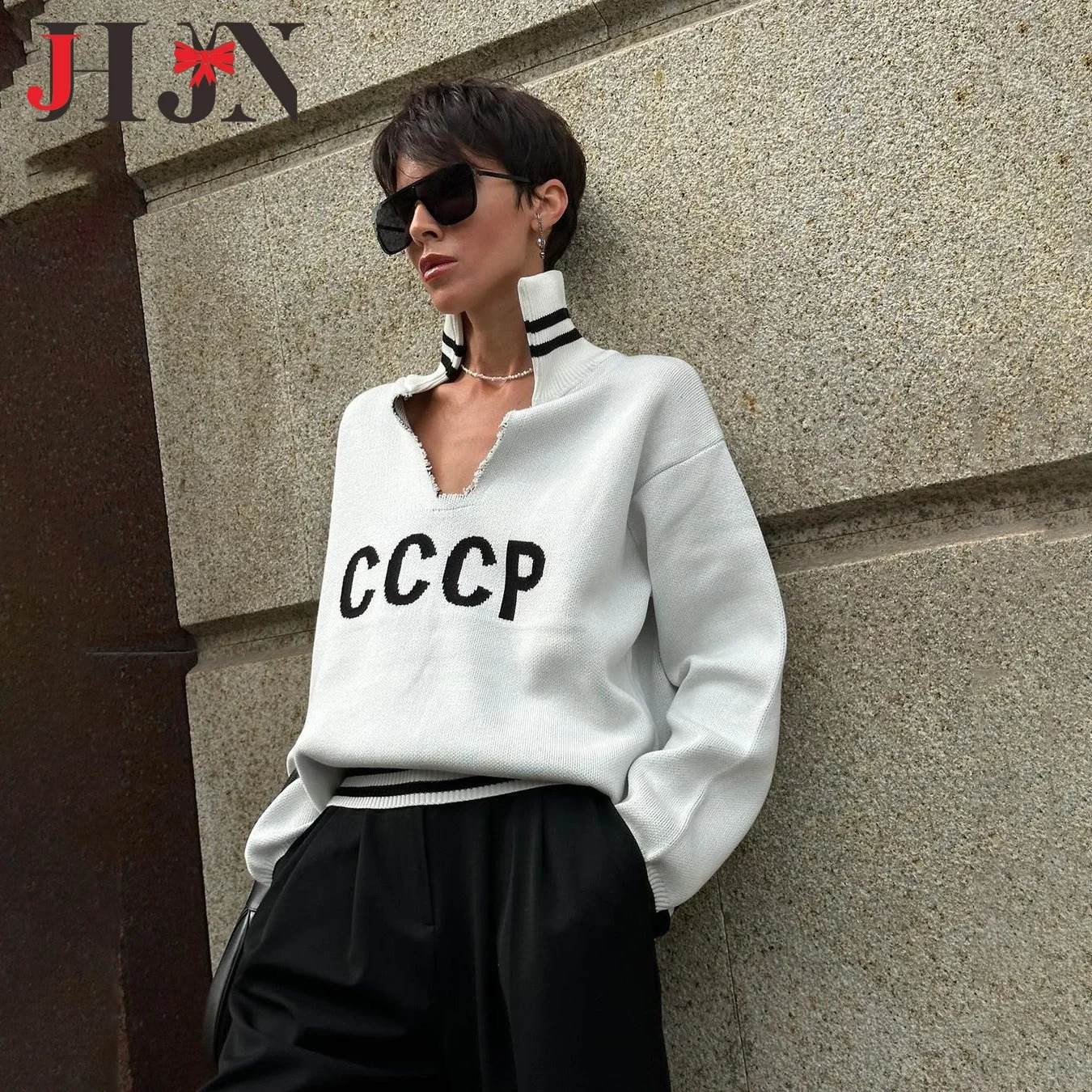 JHJN Autumn VNeck Sweater Women Patchwork Letter Streety Tops Loose Casual Pullovers LongSleeved Knitted Shirts Women Sweater 250828