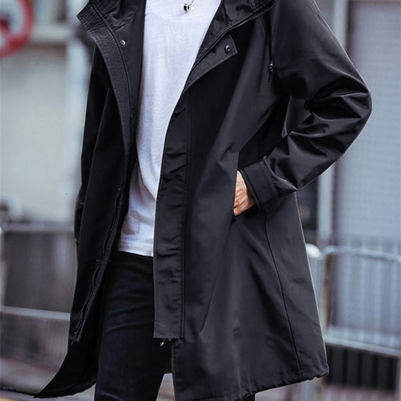 Spring Autumn Long Trench Coat Men Fashion Hooded Windbreaker Black Overcoat Casual Jackets 250828