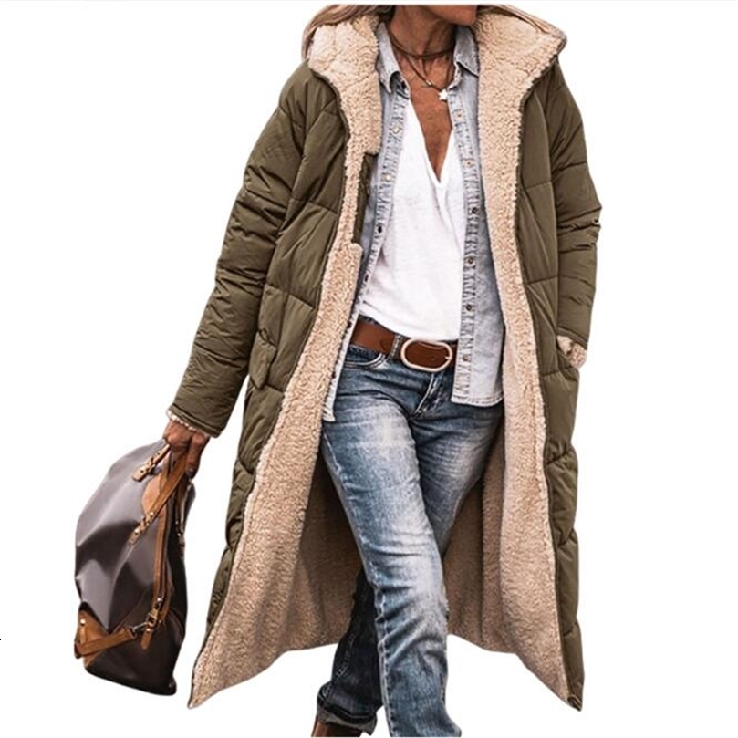 Winter Hooded Quilted Jacket For Women Solid Reversible Long Sleeve Thick Coat Warm Fashion Long Outerwear Casual Puffer Coats250828