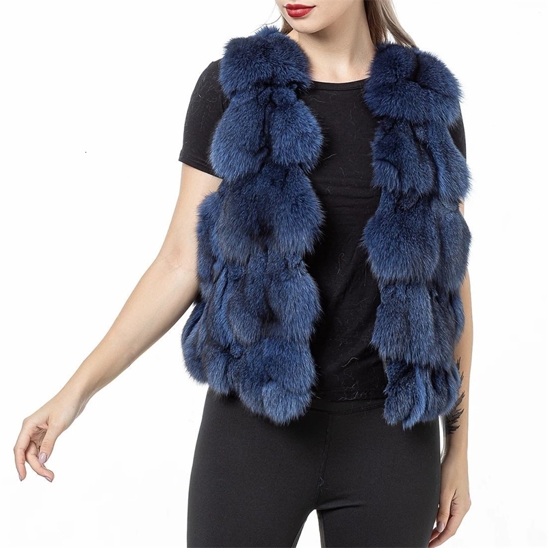 Womens Natural Fox Fur Vest Sleeveless Waistcoat Korean Fashion AllMatch Clothing Brown Navy Blue Color Winter Outerwear 250828