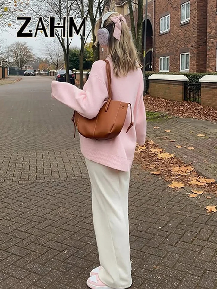 Elegant Solid Knitted Sweater Women Loose Long Sleeve Oneck Oversize Pullover Female 2025 Autumn Fashion Allmatch Sweater Lady 250828