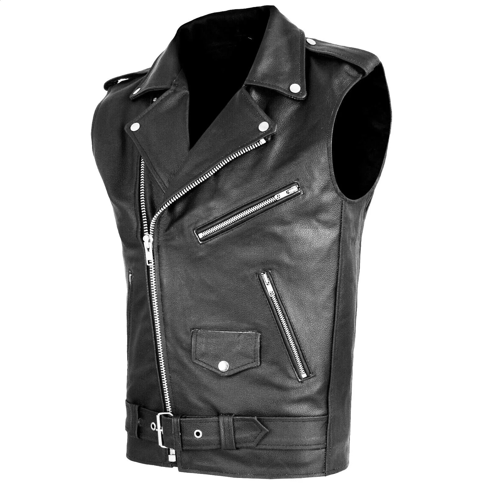 Mens PU Leather Waistcoat Oblique Zipper Lapel Biker Leather Vest 250828