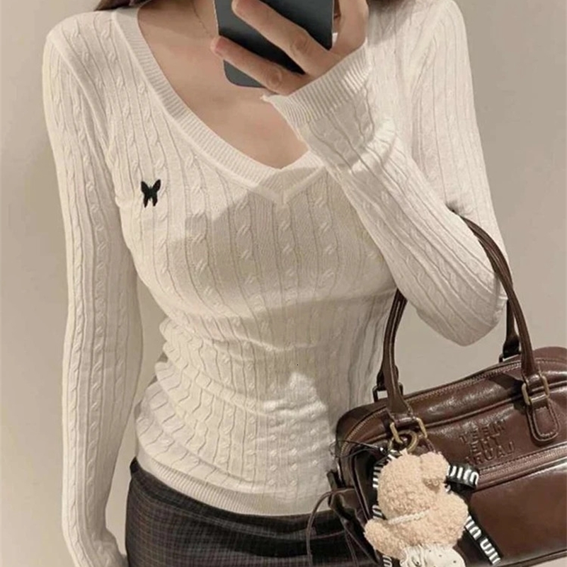 Casual V Neck White Pullovers Women Sweaters Autumn Winter Basic Long Sleeve Y2k Clothes Korean Pink Grey Ladies Tops Jumpers 250828