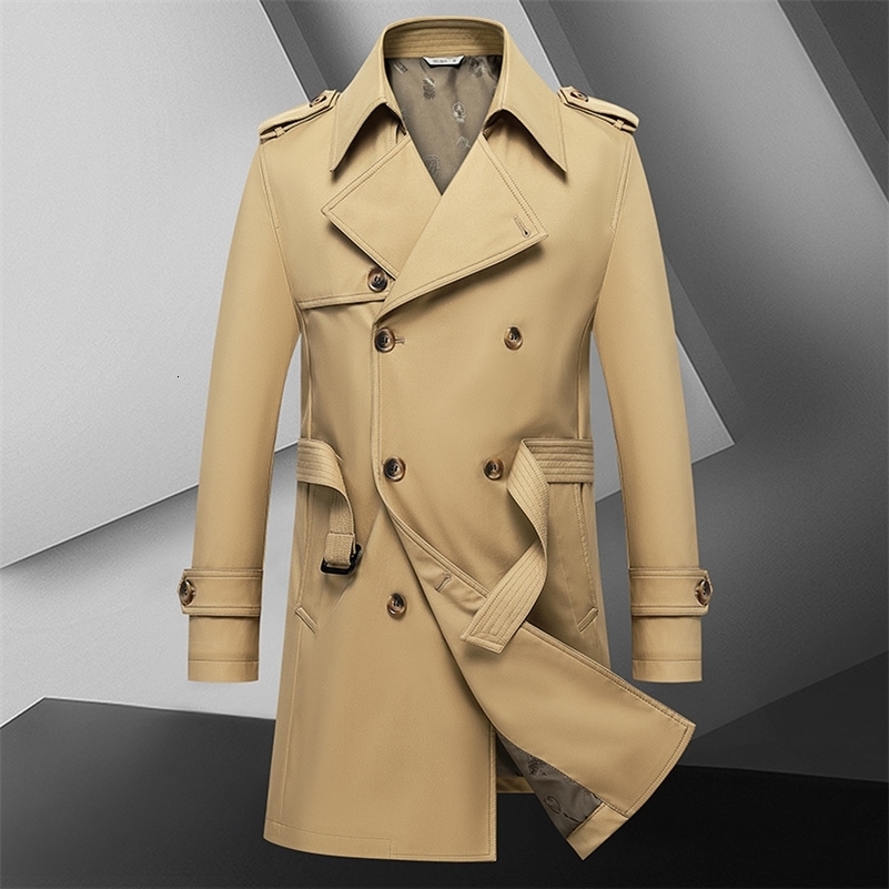 Autumn Mens Medium to Long Fashion Windbreaker Coat High Quality Double breasted British style Coat Series Belt Coat 250828
