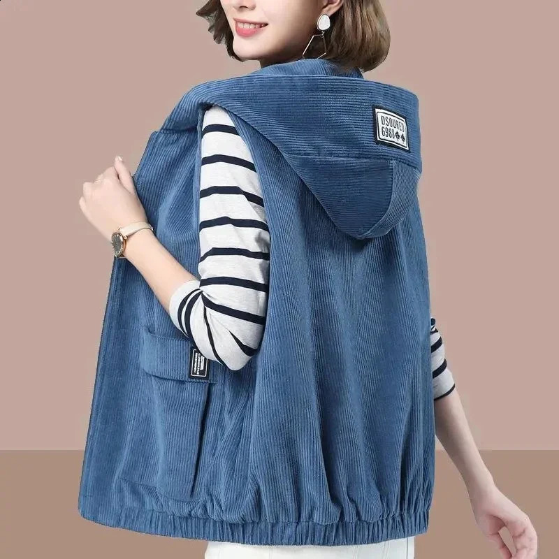 Corduroy Hooded Waistcoat 6XL Ladies Short Jacket Spring Autumn Loose Sleeveless Coat Casual Womens Zipper Vest Outwear Top250828