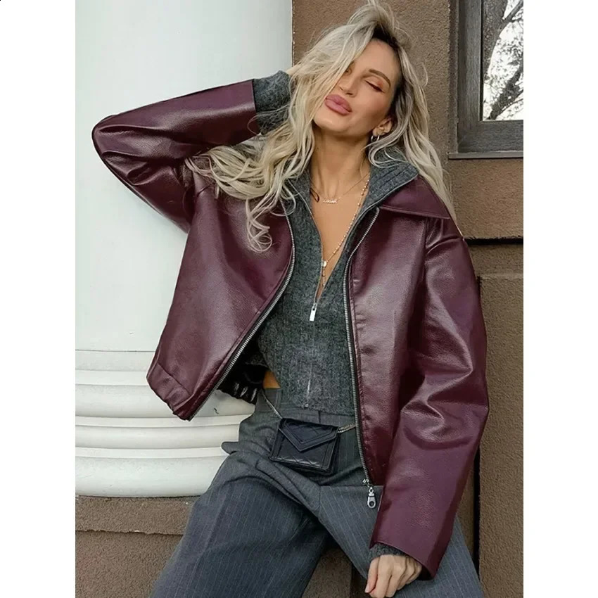 Angola Red Leather Jacket Zip Motorbike Jackets Bomber Jacket Fashion Outerwear Autumn Winter Tops Women Clothes Coat Streetwear 250828