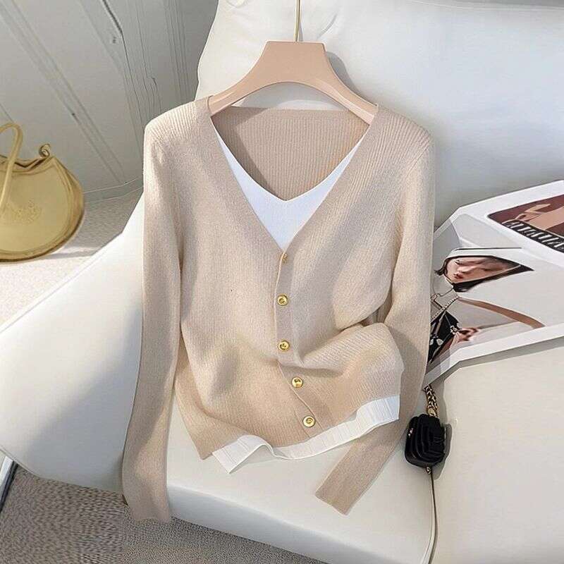 Women's Clothing two piece design contrast color long sleeved sweater women autumn and winter bottoming top knitted cardigan