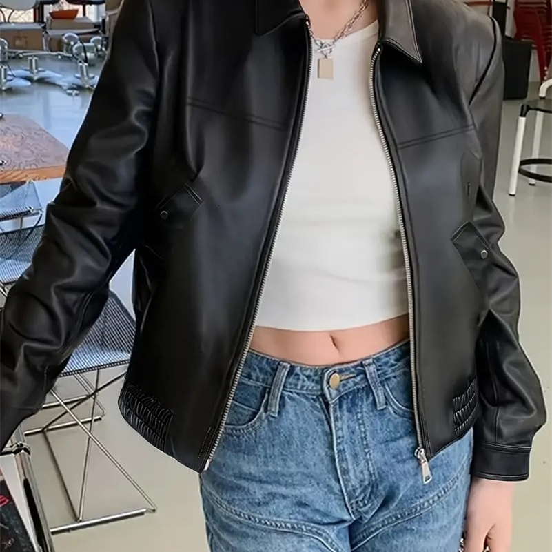 Women Fashion PU Motorcycle Jacket Zipper Pocket Leather Short y250828