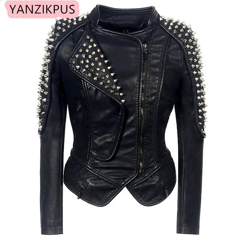 Steampunk Rock Rivet Womens Leather Jacket Slim Short Streetwear Gothic Embroidery Pu Leather Locomotive Coat Femme 250828