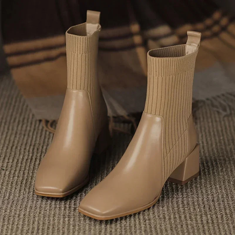 Plus Size Knitted Short Boots Women Autumn Winter Ankle Boots Women Fashion Slip on High Heels Socks Boots Botas Mujer 250821
