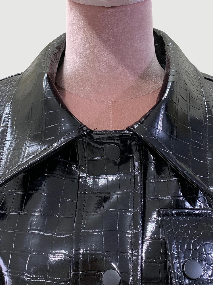 Nerazzurri Autumn Short Shiny Print Pu Leather Jacket Women TurnDown Collar Single Breasted Clothes 250828