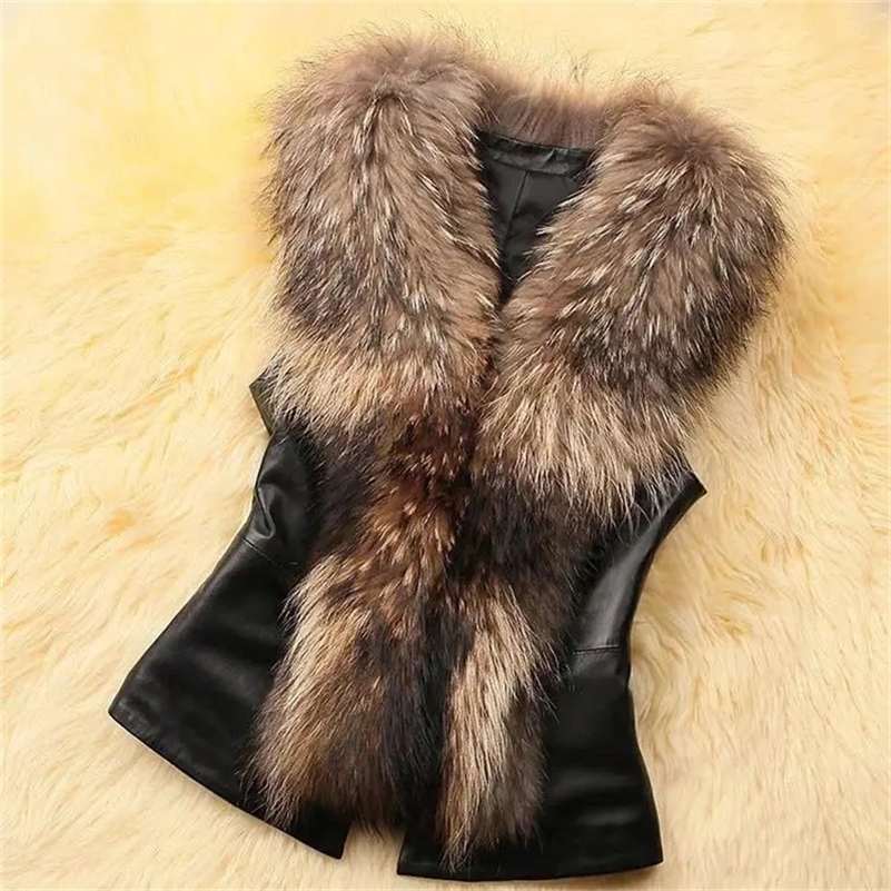 Women Fur vest Female PU Leather Waistcoat Ladies PU Leather Splicing Faux Fox Fur Collar Sleeveless Jacket 5XL 250828