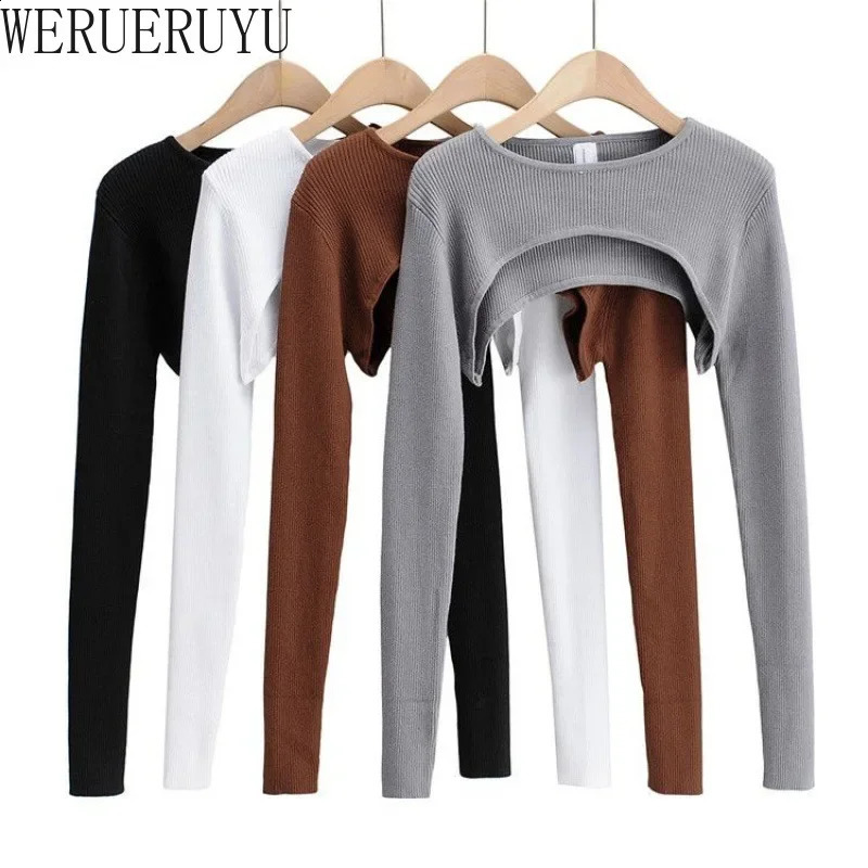 Tshirt Long Sleeve Crop Top Spring Autumn Y2k Aesthetic Clothes Oneck Black White Sexy Harajuku Knitted 2023 250828