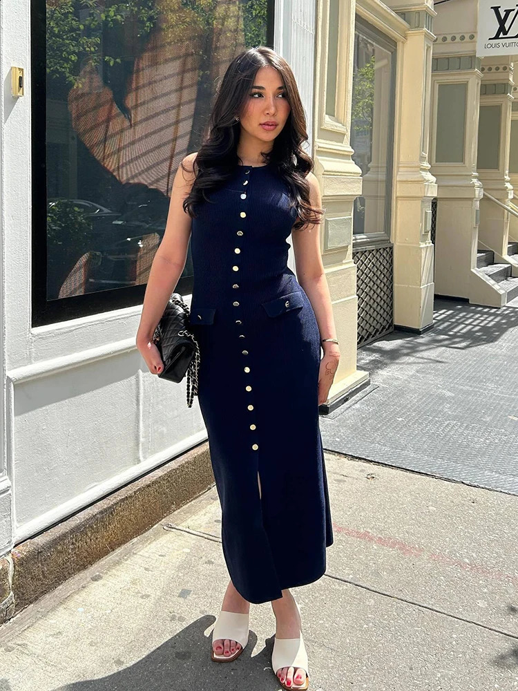 Elegant Knitted Long Dresse Summer O Neck Sleeveless Single Breasted Pockets Bodycon Dress Fashion Office Lady Robes 250828