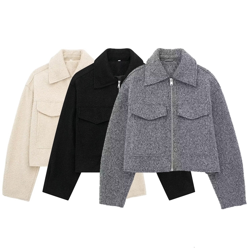 Willshela Women Fashion With Pockets Grey Front Zipper Jackets Vintage Lapel Neck Long Sleeves Female Chic Lady Outfits250828