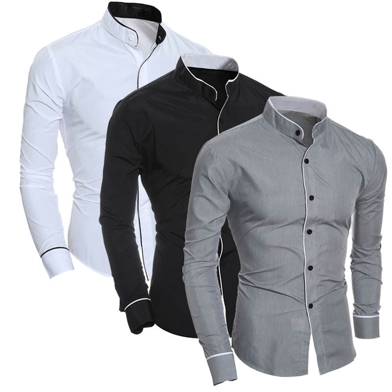 Mens slim classic solid color simple block stand up collar shirt personality patchwork cardigan base y250828