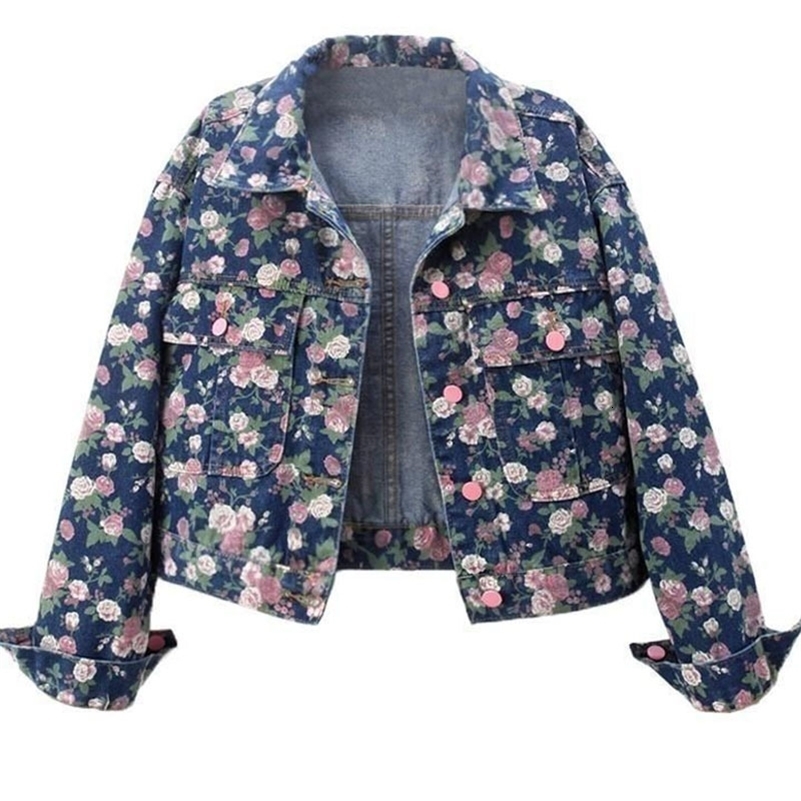 Ladies Spring And Autumn Retro Fashion Joker Floral Print Long Sleeve Denim Jacket Short Loose Jacket Button Lapel Jacket 250828