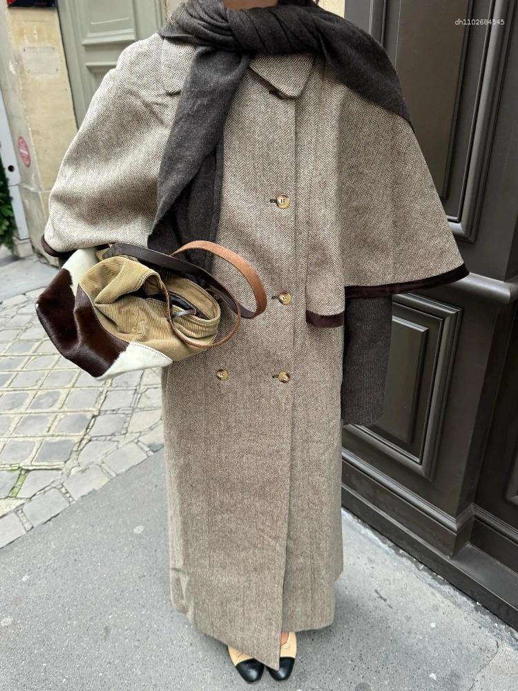 Women's Jackets Elegant Double Breasted Cloak Long Coat Women Retro Chic Plaid Lapel Coats Female 2025 Autumn Classic Street Outwear