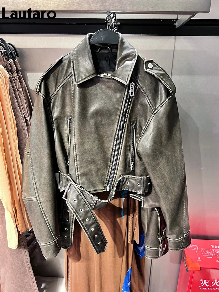 LautaroWomens Short Loose PU Leather Biker Jacket Zipper Retro Female Streetwear European Fashion Cool Spring Autumn 250828