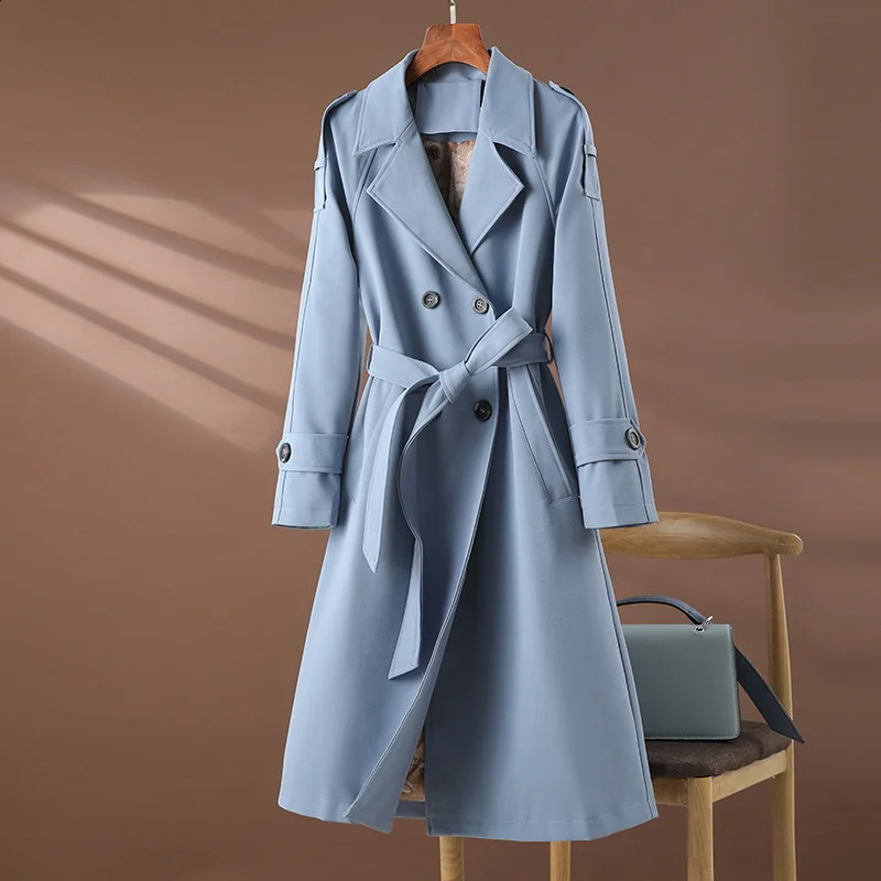 Trench Coat Womens Long Windbreaker Spring Autumn Doublebreasted Belt Outerwear White Pink Black Blue Camel Casual Overcoat 250818