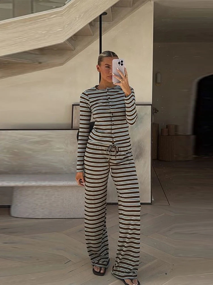 Knit Striped Cardigan Pants Set Women Casual Single Breasted Oneck Long Sleeve Top Straight Trouser Suit 2025 Autumn Streetwear 250828