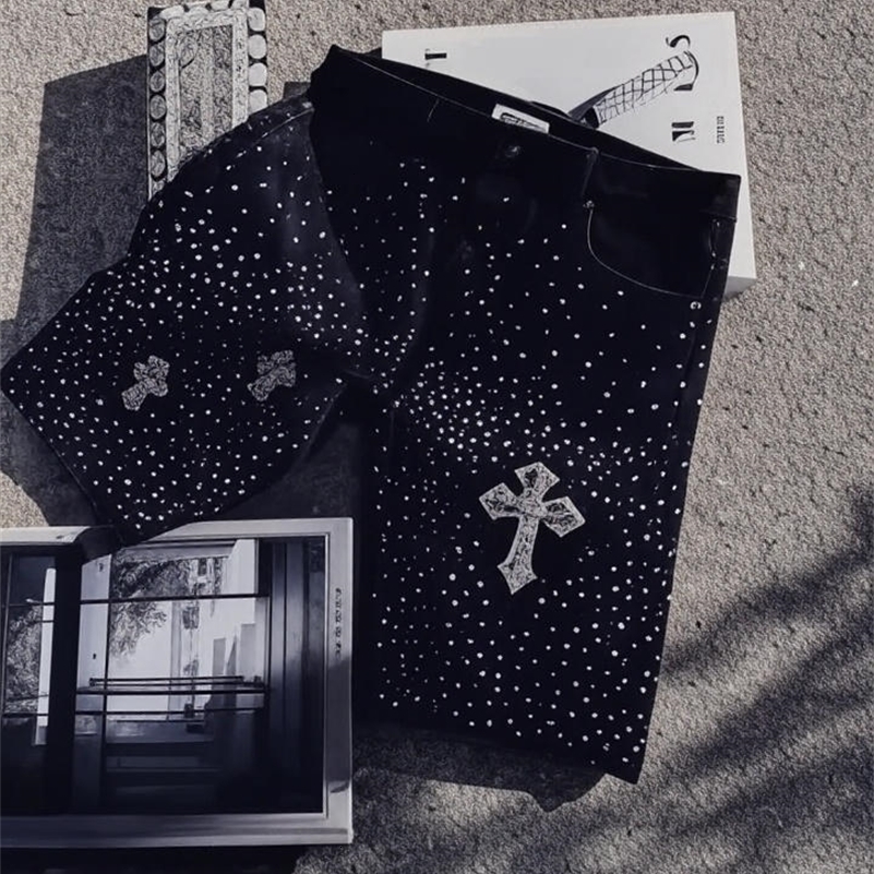Streetwear Punk Sparkle Cross Denim Shorts Mens Black Studded Baggy Jeans with Distressed Frayed Hems Y2K Vibe yy250828