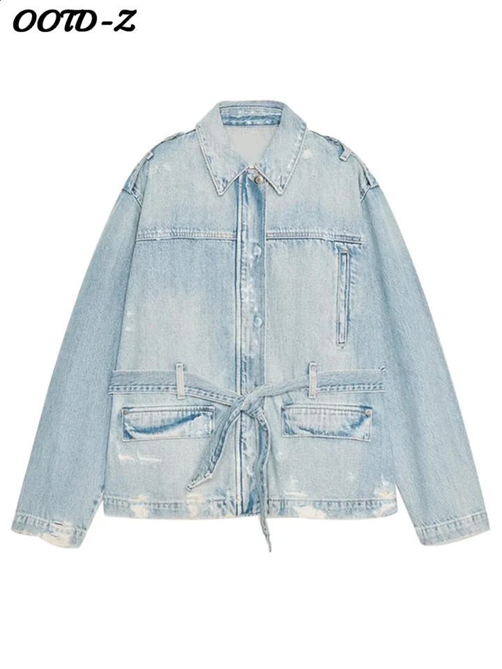 Belt Denim Women Jacket Lace Up Full Sleeve Lapel Female Coat 2025 Autumn High Street Elegant Single Breasted Lady Outwear 250828