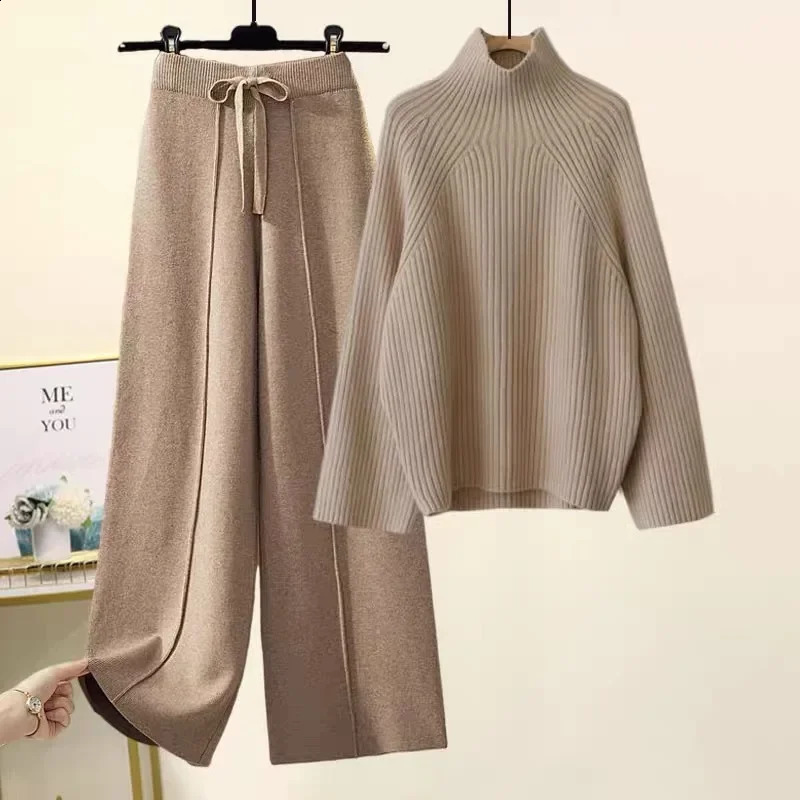 Womens Autumn Winter Korean Style Sweater With Ninefths Pendant Bell Bottoms Suit TwoPiece Set Fashionable Streetwear 250828
