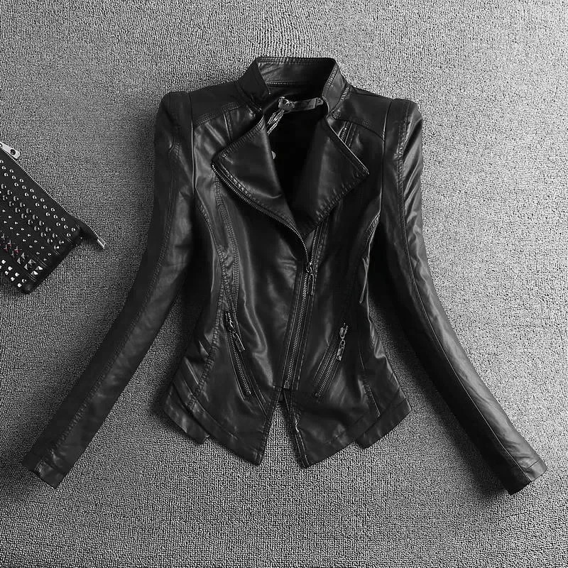 Spring And Autumn Casual Women Faux Leather Jacket Stand Collar Short Black PU Leather Coat Female Zipper Slim Outwear B856 250828
