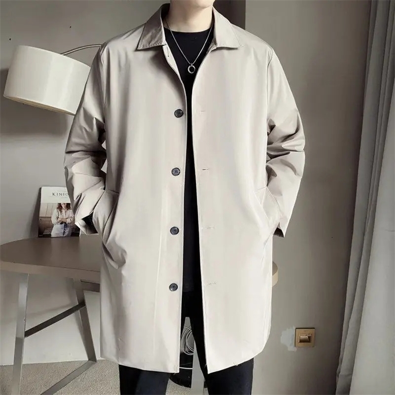 Spring Autumn Mens Fashion Trench Lapel SingleBreasted MediumLength Jacket Casual Youthful Korean Style Long Outerwear Coats 250828
