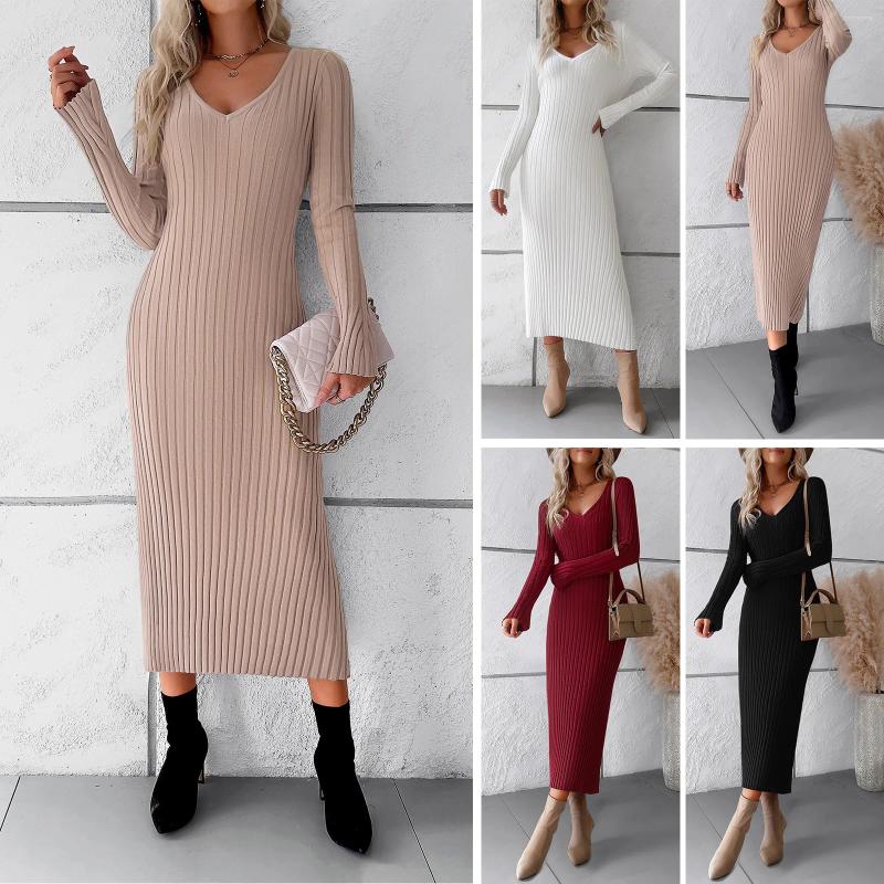 Women's Sweaters Women Dress Long Dresses Knitted V Neck Full Sleeve Jumpers Y2k Streetwear Elegant High Waist Knit Work Autumn Winter