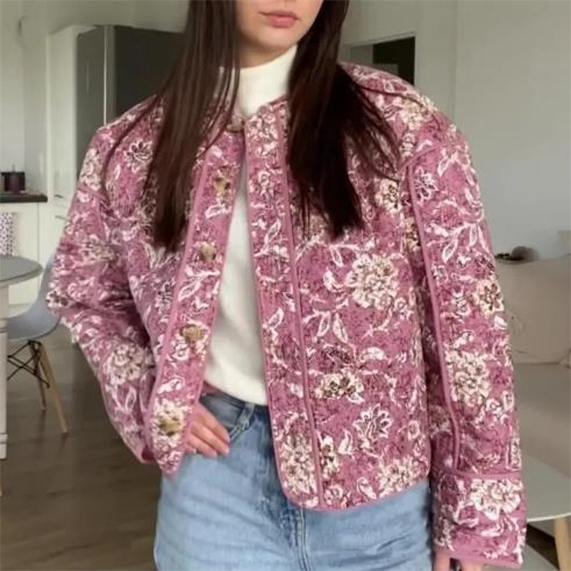 Womens Cropped Puffer Jacket Floral Print Padded Quilted Coat Long Sleeve Lightweigt Vintage Padded Jacket Outerwear250828