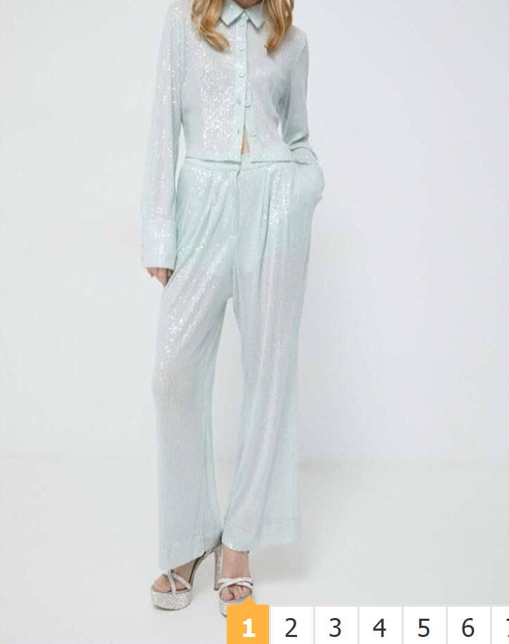 -SatQueen shiny blue sequin shirt top+non responsive shiny blue sequin wide leg straight leg pants