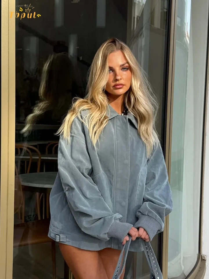 Casual Solid Suede Lapel Jacket Women Fashion Hidden Button Zipper Long Sleeve Loose Overcoat 2025 Autumn Street Commute Outwear250828