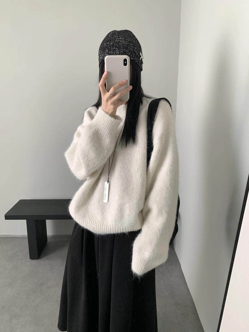 Women's Sweaters Autumn Korean Gentle Style Round Neck Wool Pullover Sweater Minimalist Loose Knitted Top Casual Street Clothing