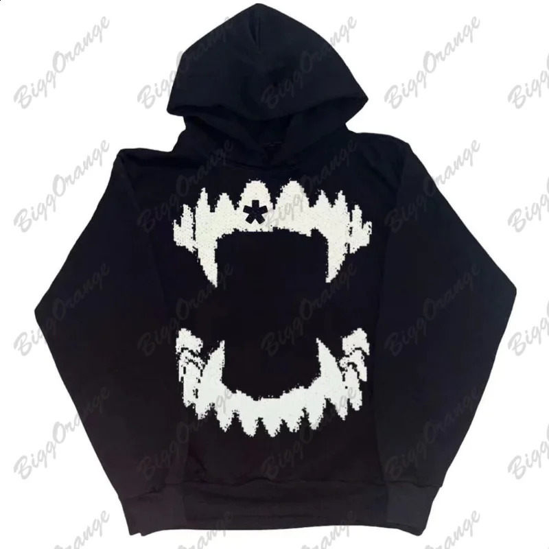 Vintage Tooth Print Solid Oversized Hoodie Sweatshirt Women Y2K Street Hip Hop Harajuku Versatile Long Sleeve Couple 250828