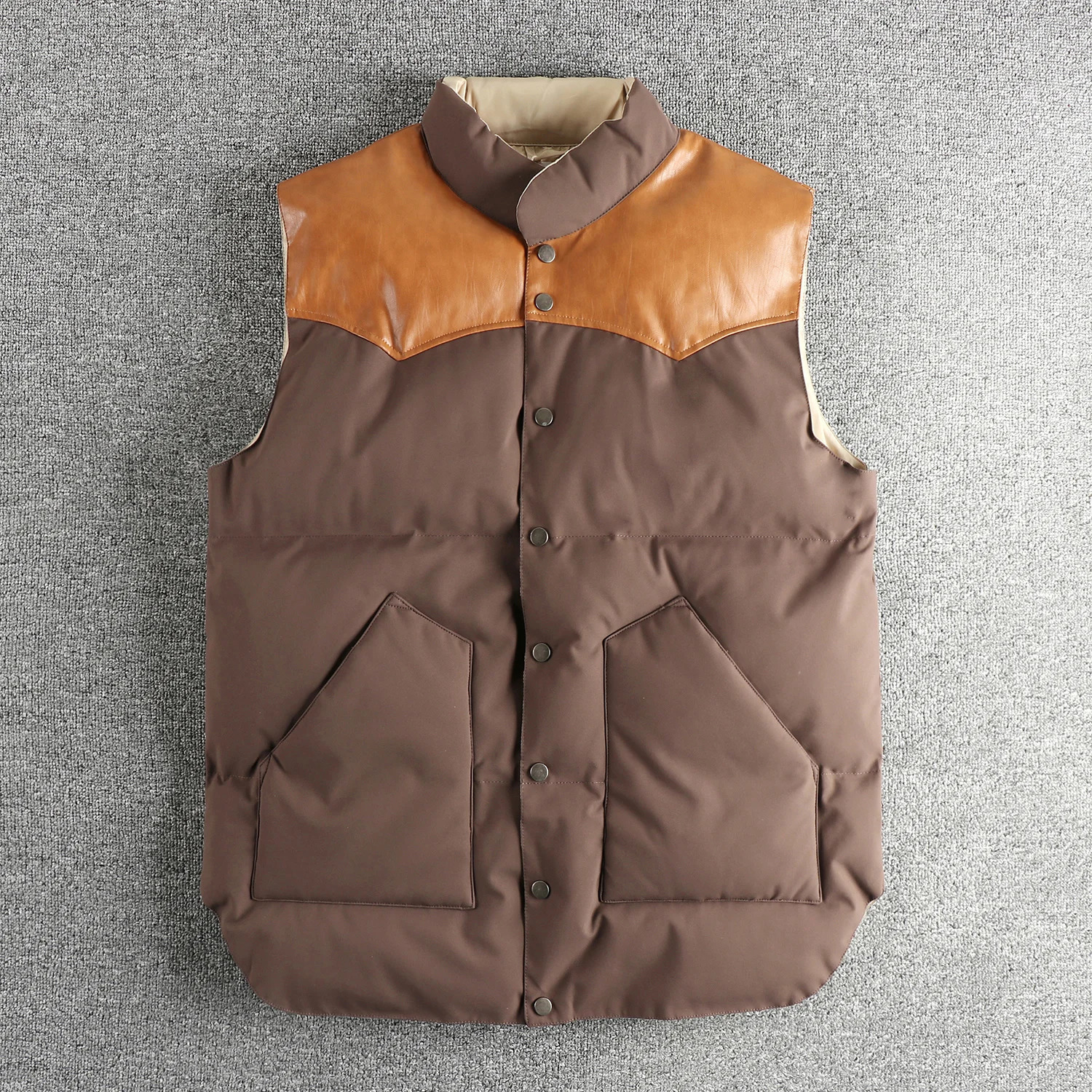 Retro trend PU spliced mens waistcoat silk wool filled light warm sleeveless vest top 250828