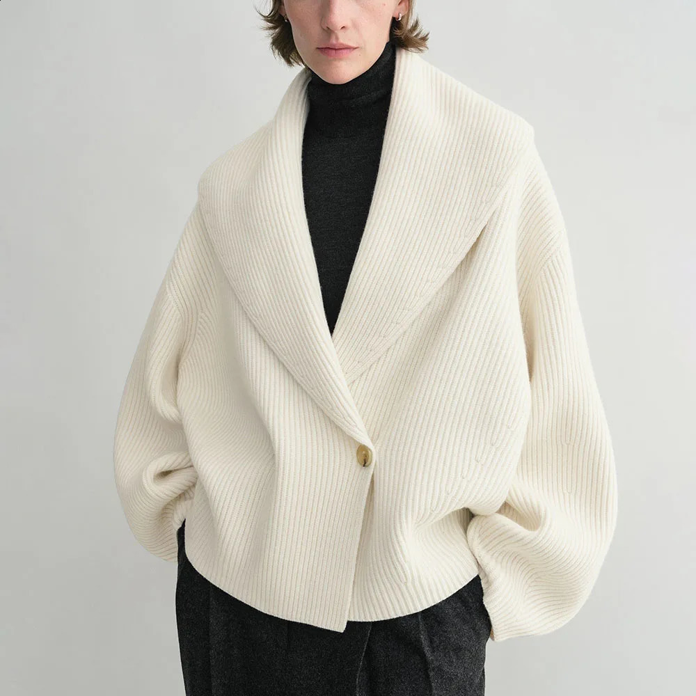 Wool Blend Womens Sweater Y2k Pit Stripe Large Lapel Temperament Elegant Long Sleeve Knitted Top Cardigan Early Spring 2025 250828