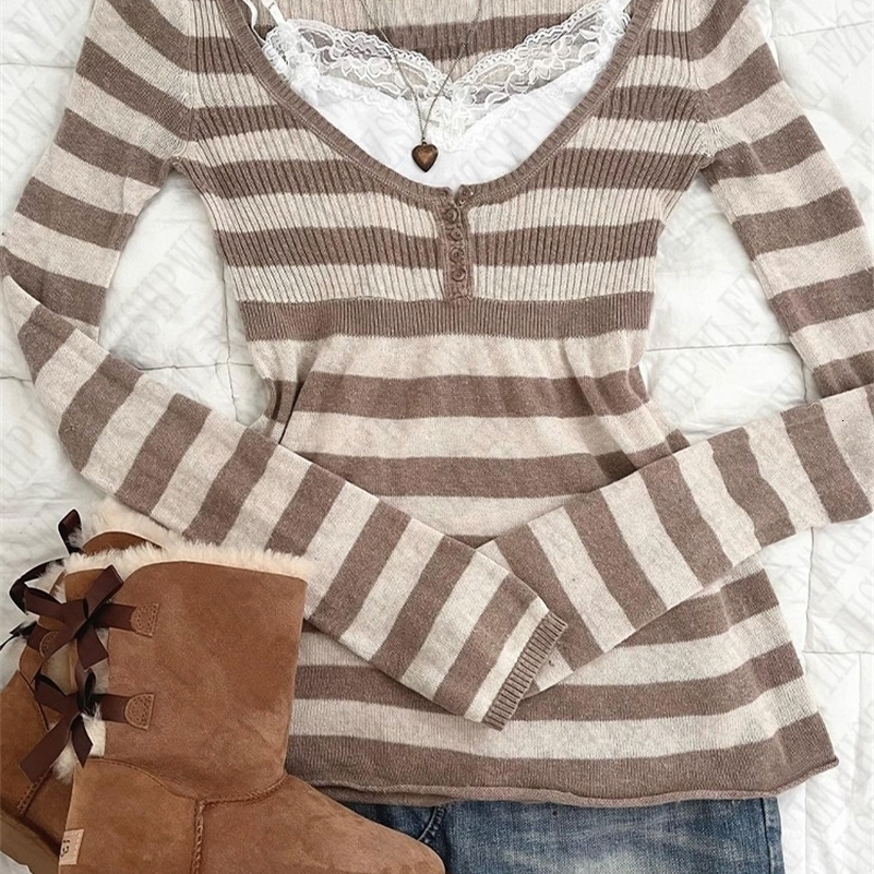 Striped casual pattern sweater cotton chic grunge punk Y2K top street high street rock aesthetic retro hop fashion women sweater 250828