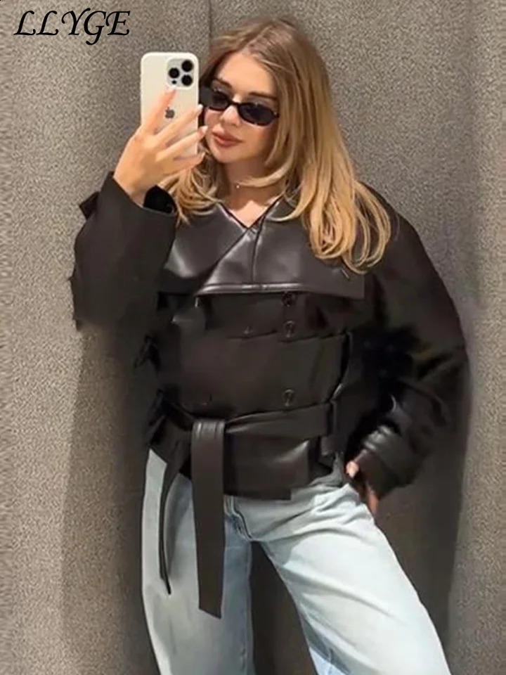 Street Womens Belt Cropped Leather Jackets Stand Collar Double Breasted Pockets Long Sleeve Coats 2025 Autumn Lady Chic Outwear 250828