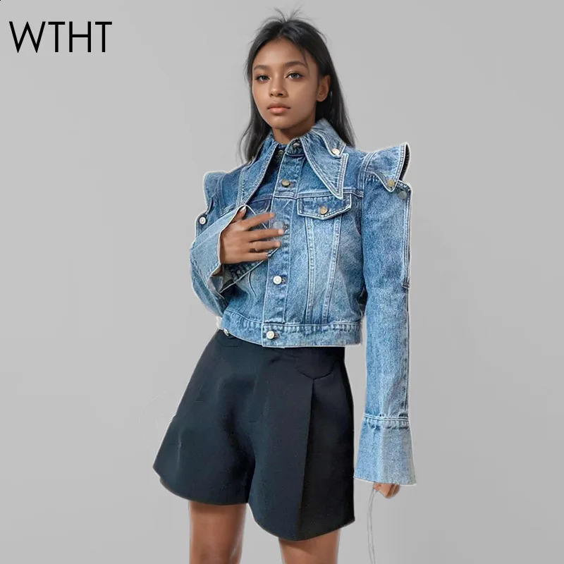 WTHT Trendy Womens Offshoulder n Denim Coat Autumn Fashion Double Lapel Long Sleeves Jacket Female 1LS066 250828